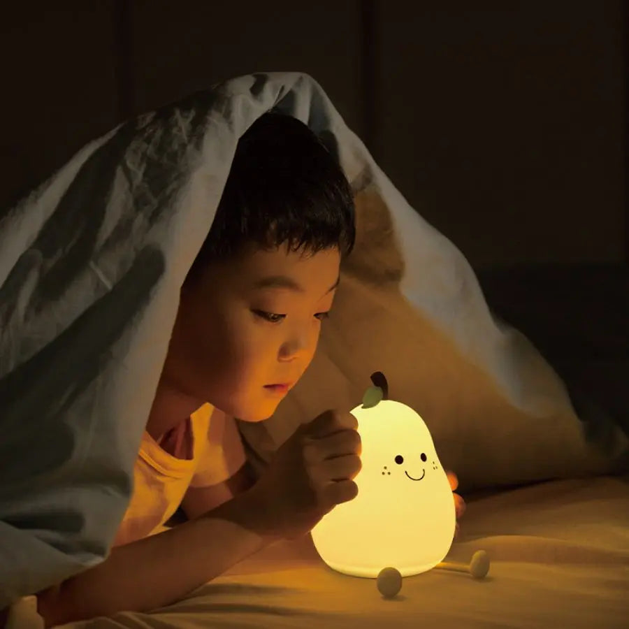 LED Pear Fruit Silicone Night Light - 7-Color Dimming Touch Control, USB Rechargeable Bedside Lamp for Bedroom Decor & Kids' Gifts
