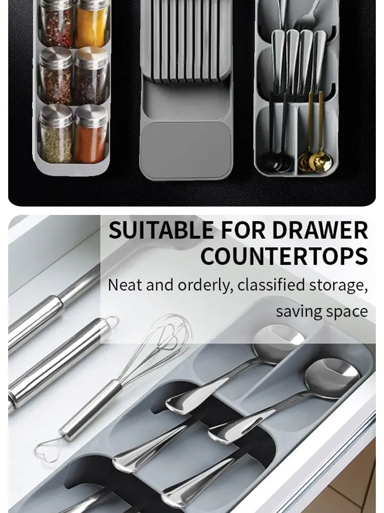 Multi-Functional Kitchen Drawer Cutlery Storage Tray – Knife, Fork, Spoon Organizer with Spice Bottle Holder