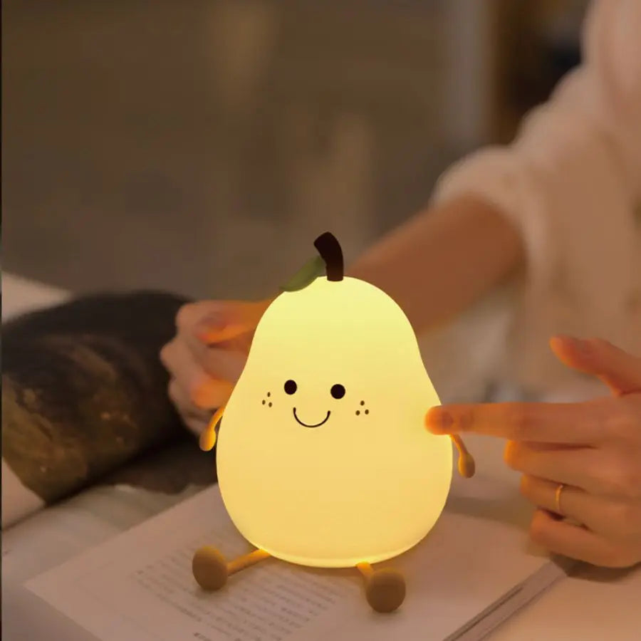 LED Pear Fruit Silicone Night Light - 7-Color Dimming Touch Control, USB Rechargeable Bedside Lamp for Bedroom Decor & Kids' Gifts