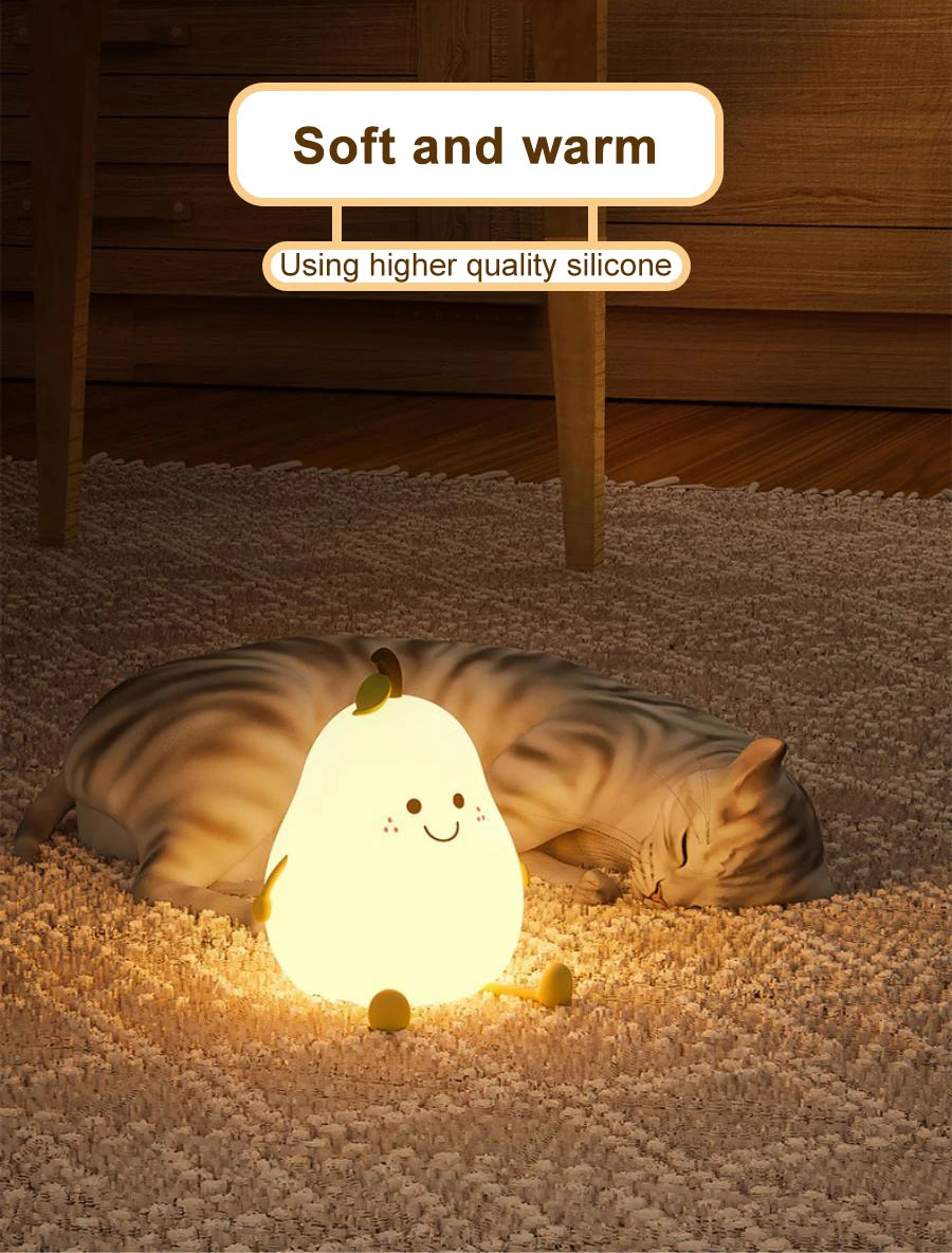 LED Pear Fruit Silicone Night Light - 7-Color Dimming Touch Control, USB Rechargeable Bedside Lamp for Bedroom Decor & Kids' Gifts