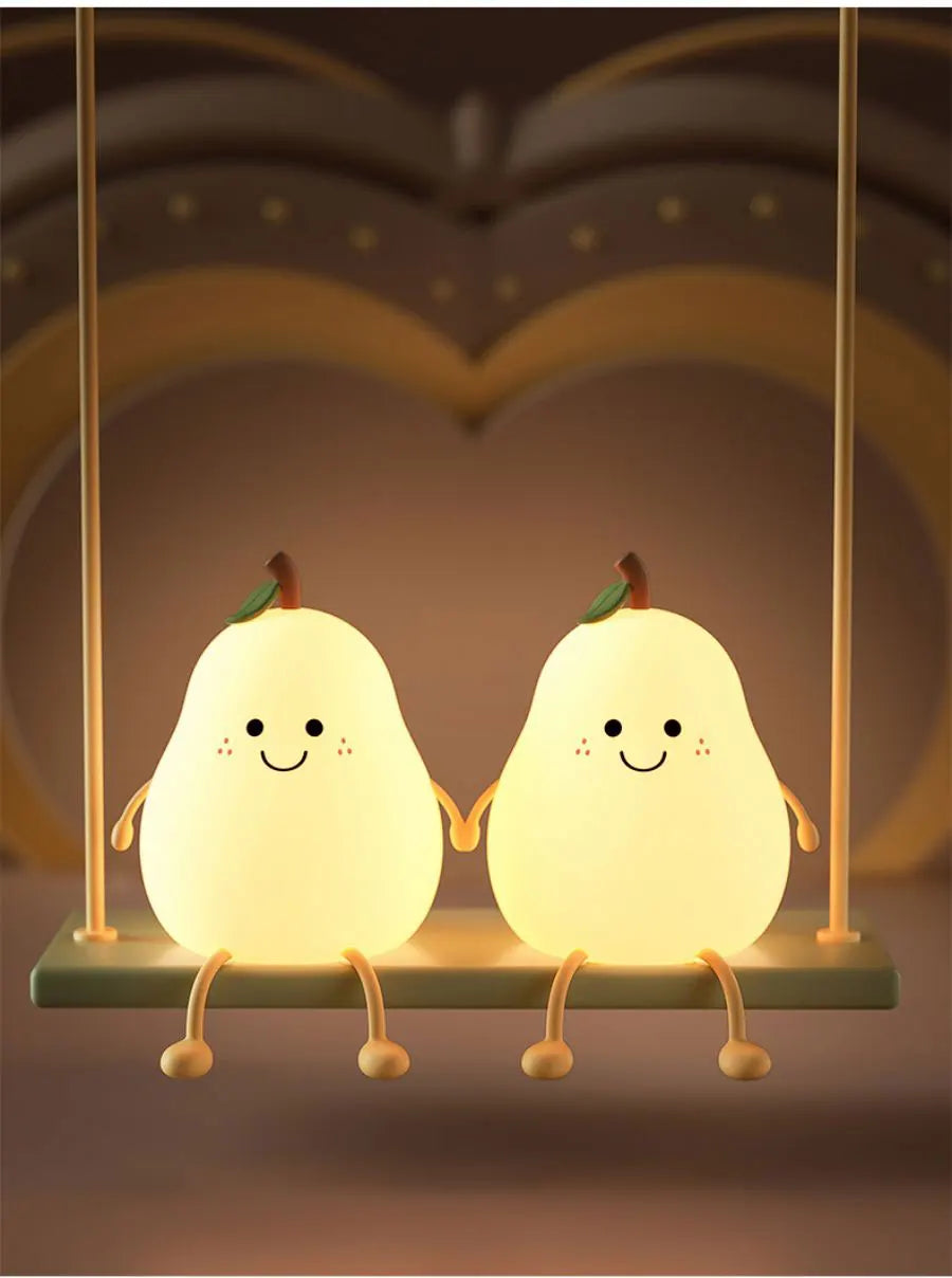 LED Pear Fruit Silicone Night Light - 7-Color Dimming Touch Control, USB Rechargeable Bedside Lamp for Bedroom Decor & Kids' Gifts