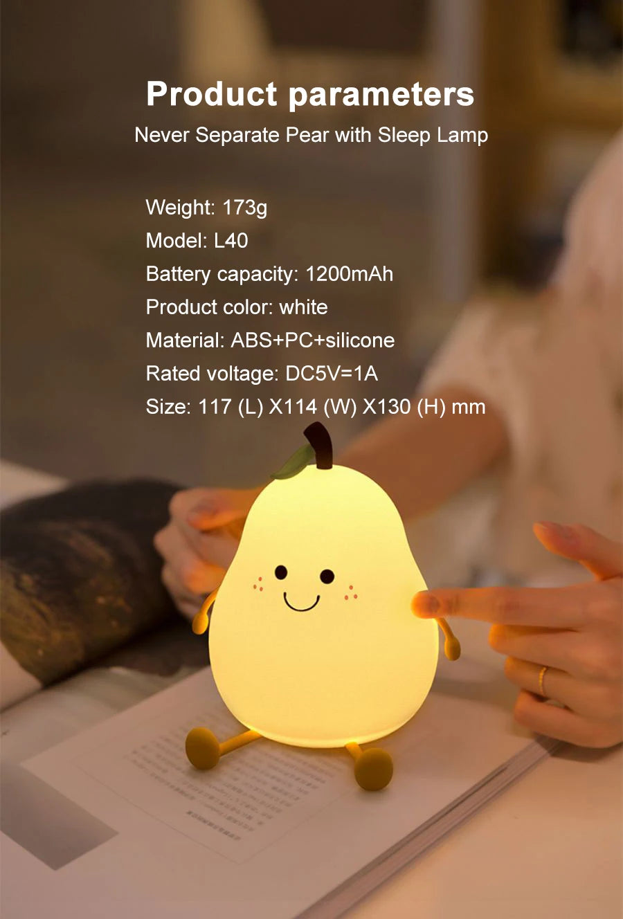 LED Pear Fruit Silicone Night Light - 7-Color Dimming Touch Control, USB Rechargeable Bedside Lamp for Bedroom Decor & Kids' Gifts