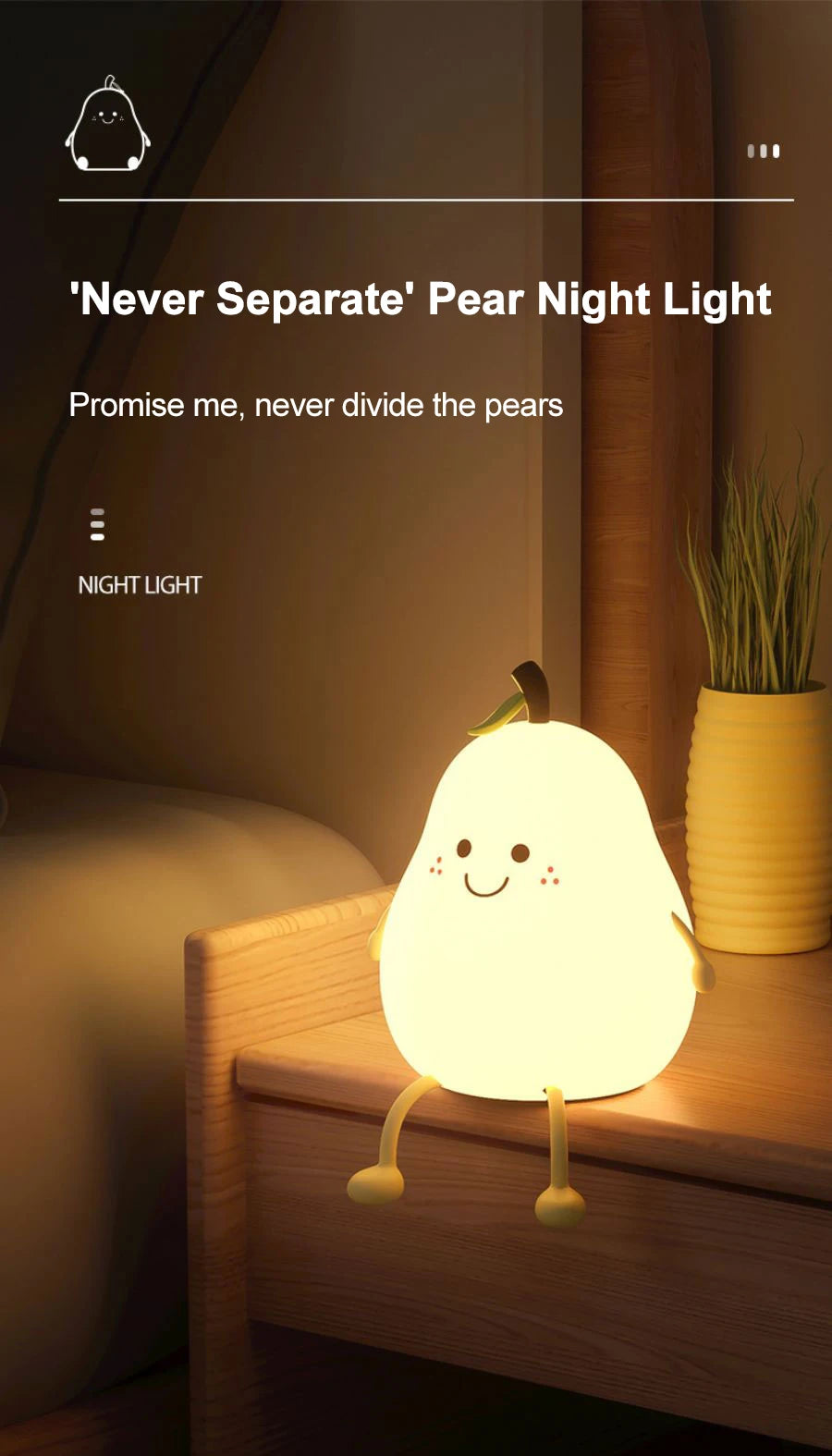 LED Pear Fruit Silicone Night Light - 7-Color Dimming Touch Control, USB Rechargeable Bedside Lamp for Bedroom Decor & Kids' Gifts