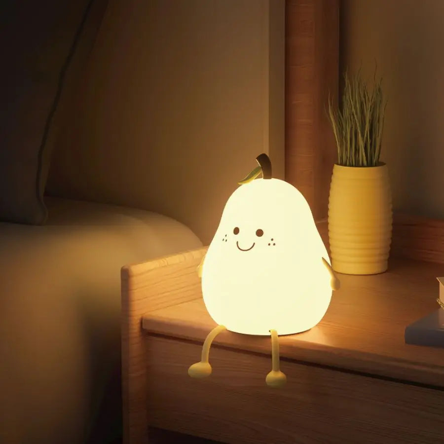 LED Pear Fruit Silicone Night Light - 7-Color Dimming Touch Control, USB Rechargeable Bedside Lamp for Bedroom Decor & Kids' Gifts