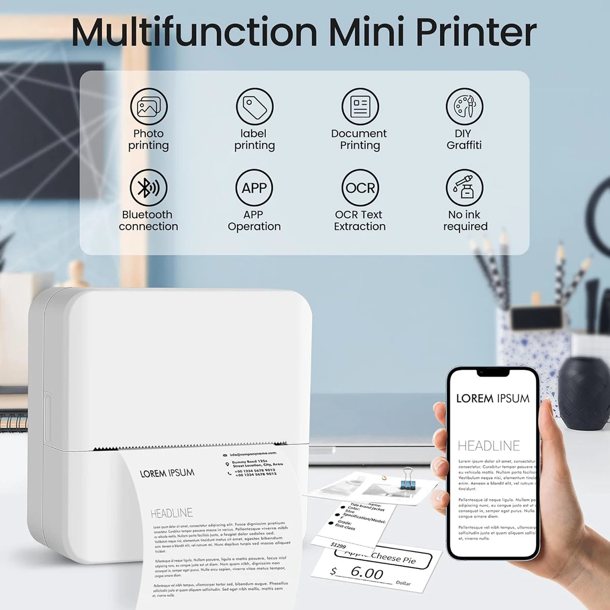 Mini Printer - Inkless Sticker Maker & Portable Thermal Printer for Photo Journals, Notes, and Memo (Bluetooth)