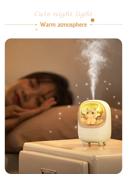 350ml Cartoon Mini Wireless Humidifier & Aromatherapy Mist Diffuser with Moon & Star Night Lamp – USB Rechargeable Portable Air Humidifier for Bedroom, Office, and Car