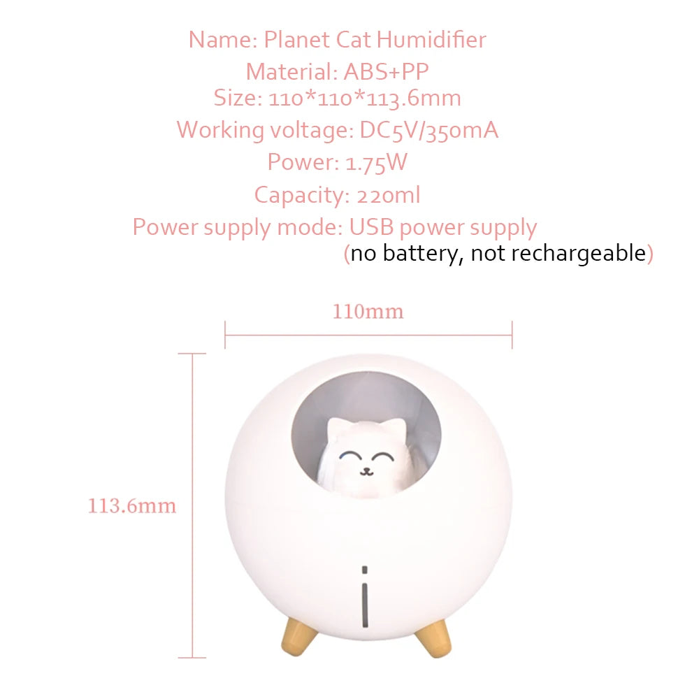 Cute Planet Cat Air Humidifier - Ultrasonic Aroma Diffuser with Color LED Light | USB Mini Humidifier for Home & Office