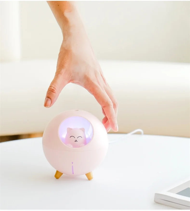 Cute Planet Cat Air Humidifier - Ultrasonic Aroma Diffuser with Color LED Light | USB Mini Humidifier for Home & Office