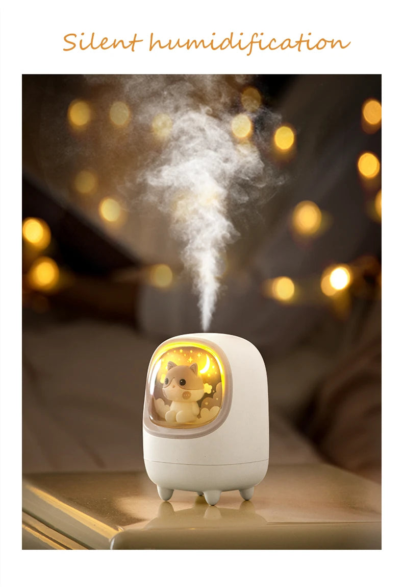 350ml Cartoon Mini Wireless Humidifier & Aromatherapy Mist Diffuser with Moon & Star Night Lamp – USB Rechargeable Portable Air Humidifier for Bedroom, Office, and Car