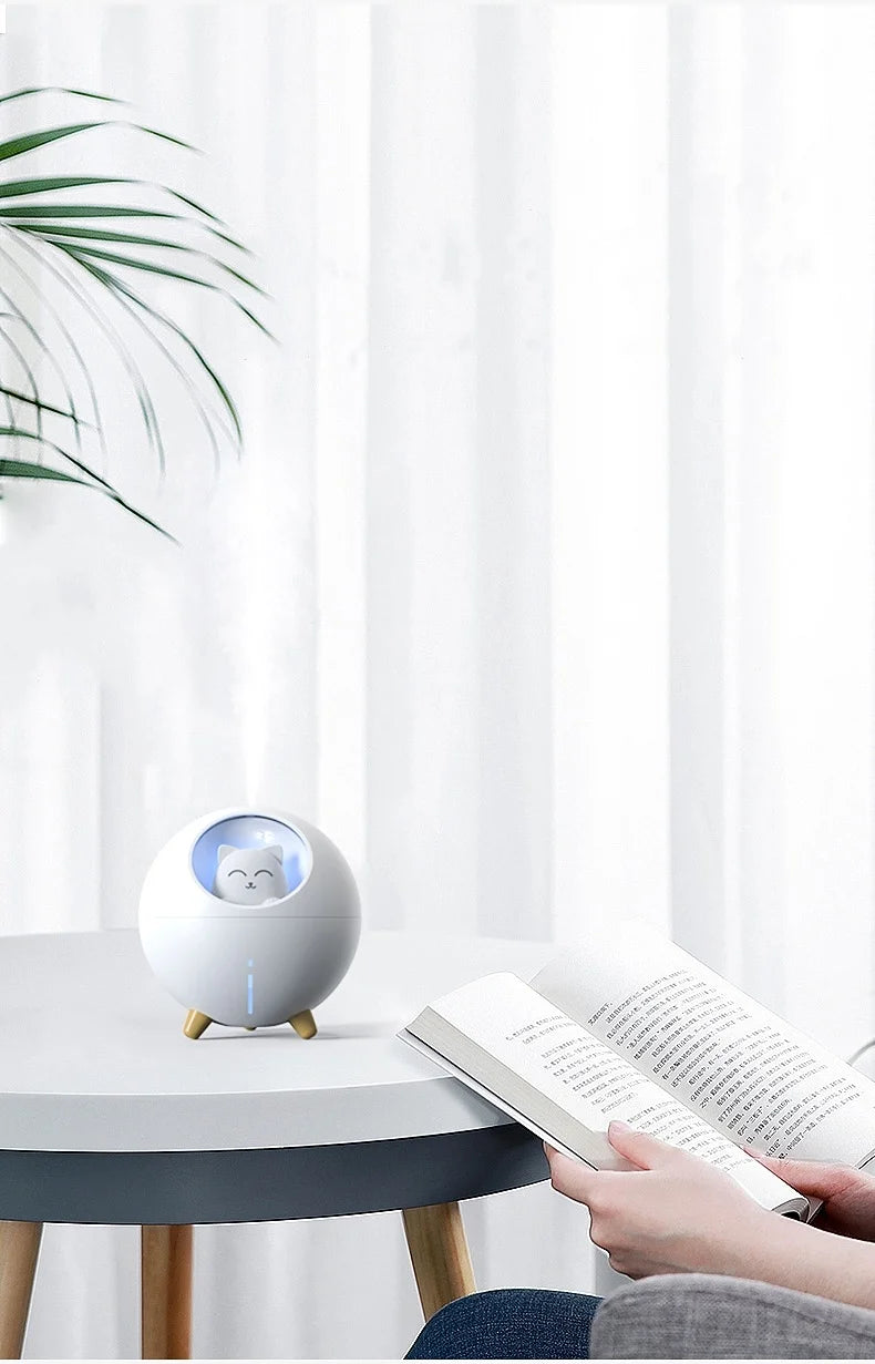 Cute Planet Cat Air Humidifier - Ultrasonic Aroma Diffuser with Color LED Light | USB Mini Humidifier for Home & Office