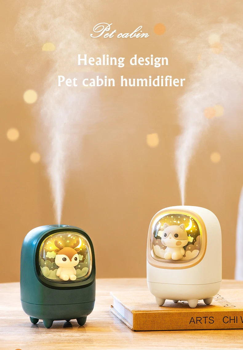 350ml Cartoon Mini Wireless Humidifier & Aromatherapy Mist Diffuser with Moon & Star Night Lamp – USB Rechargeable Portable Air Humidifier for Bedroom, Office, and Car