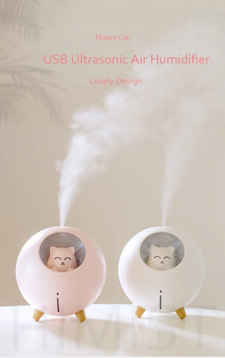 Cute Planet Cat Air Humidifier - Ultrasonic Aroma Diffuser with Color LED Light | USB Mini Humidifier for Home & Office