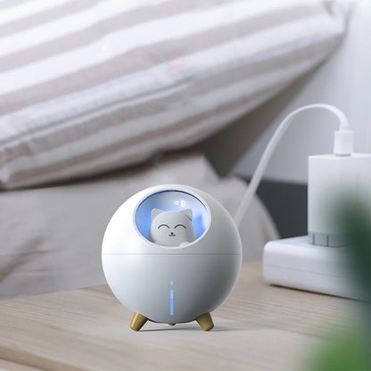 Cute Planet Cat Air Humidifier - Ultrasonic Aroma Diffuser with Color LED Light | USB Mini Humidifier for Home & Office