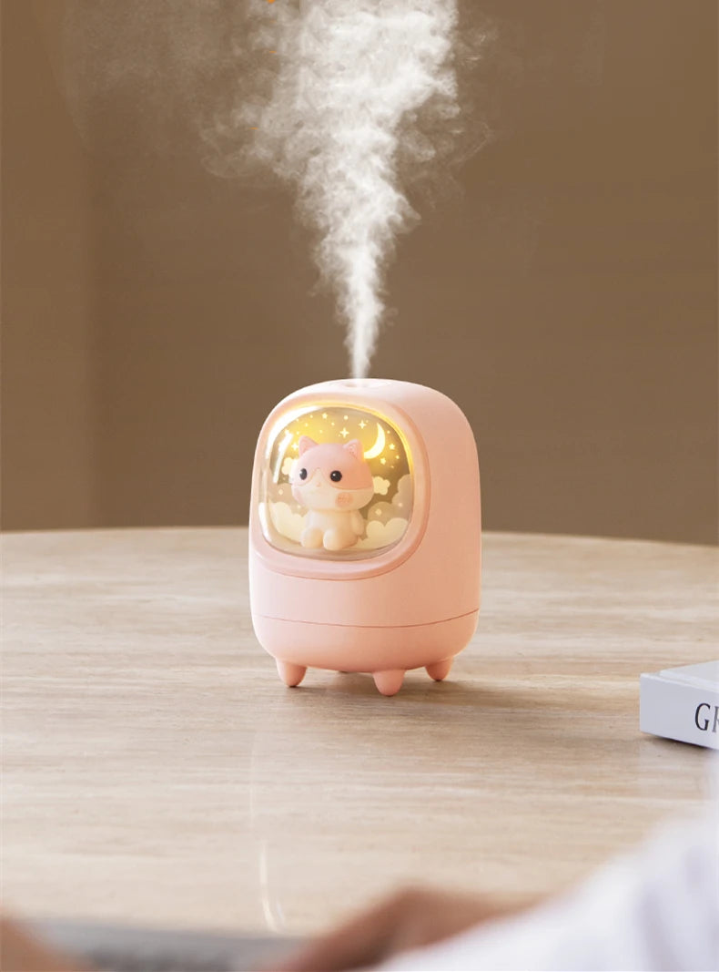 350ml Cartoon Mini Wireless Humidifier & Aromatherapy Mist Diffuser with Moon & Star Night Lamp – USB Rechargeable Portable Air Humidifier for Bedroom, Office, and Car