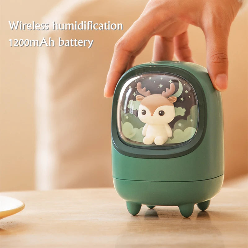 350ml Cartoon Mini Wireless Humidifier & Aromatherapy Mist Diffuser with Moon & Star Night Lamp – USB Rechargeable Portable Air Humidifier for Bedroom, Office, and Car