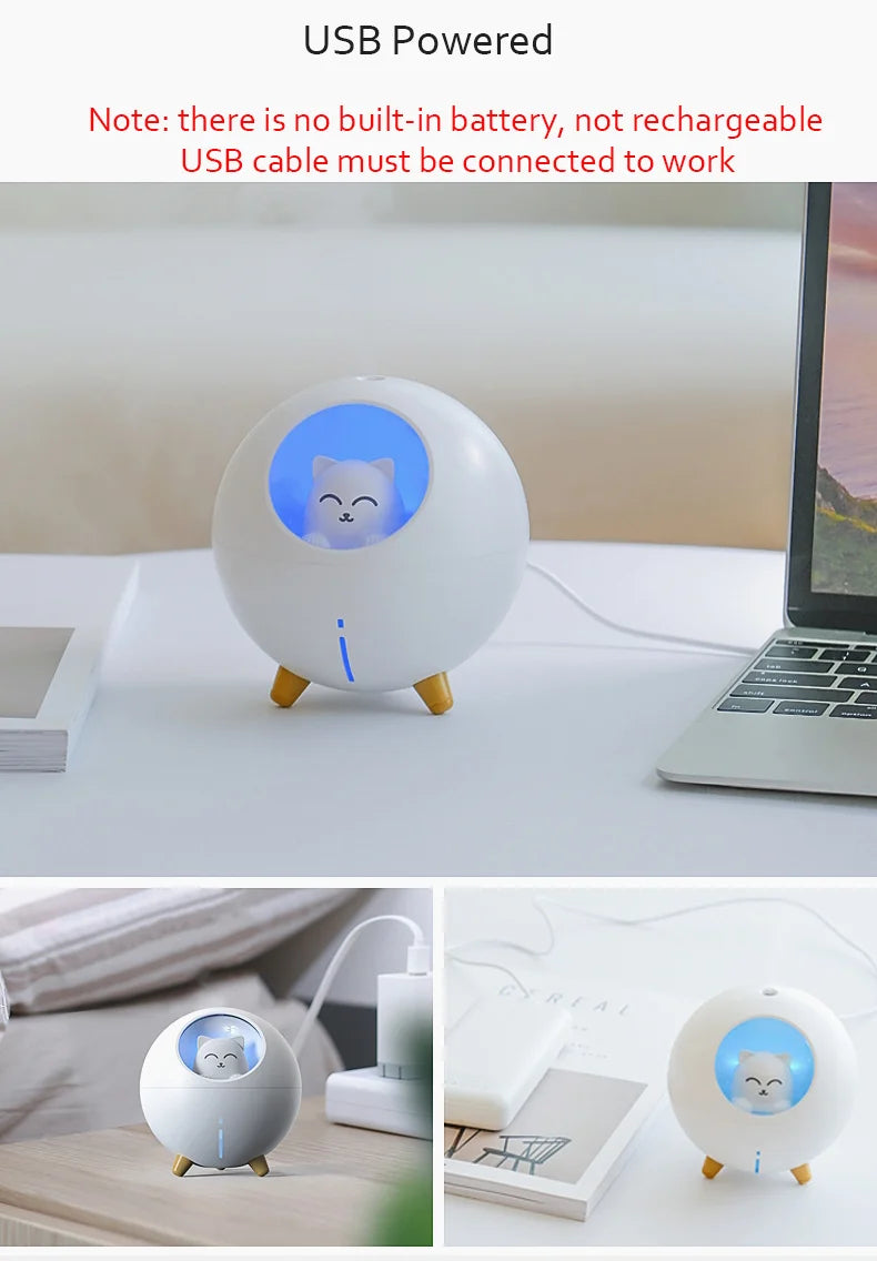 Cute Planet Cat Air Humidifier - Ultrasonic Aroma Diffuser with Color LED Light | USB Mini Humidifier for Home & Office