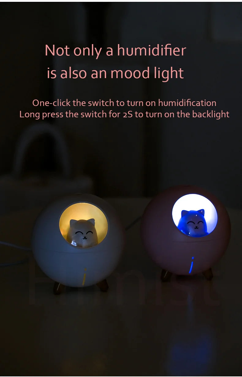 Cute Planet Cat Air Humidifier - Ultrasonic Aroma Diffuser with Color LED Light | USB Mini Humidifier for Home & Office