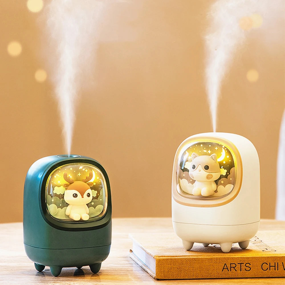 350ml Cartoon Mini Wireless Humidifier & Aromatherapy Mist Diffuser with Moon & Star Night Lamp – USB Rechargeable Portable Air Humidifier for Bedroom, Office, and Car