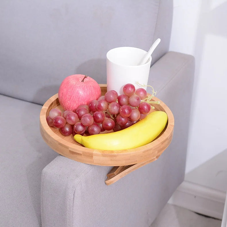 Clip-On Wooden Sofa Tray Table – Armrest Snack & Remote Control Holder for TV Time Convenience