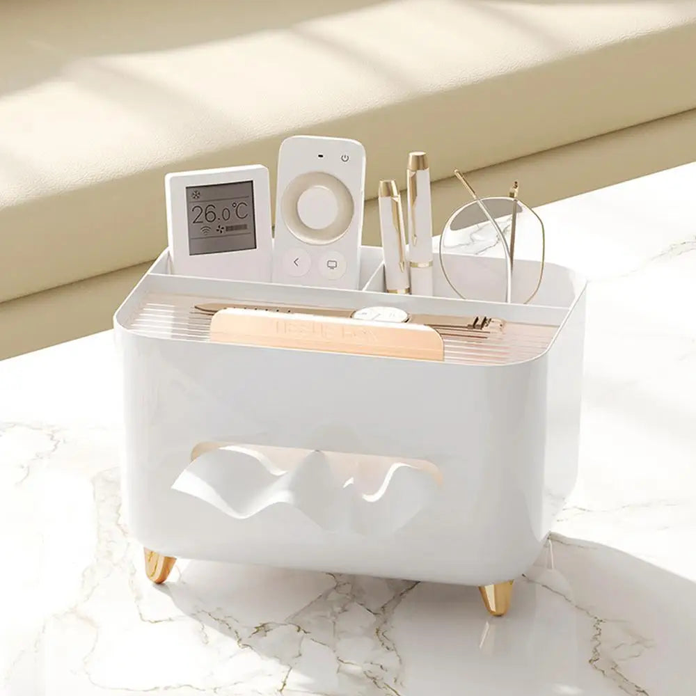 Multifunctional Tissue Box & Desktop Organizer – Modern Living Room Tissue Holder with Compartments