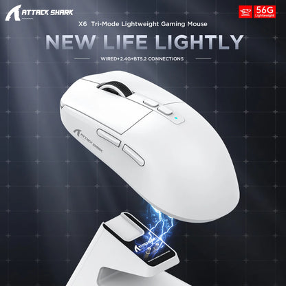 X6 Lightweight Wireless Gaming Mouse – 3 Mode Wired/2.4G/BT5.2, Up to 26K DPI, RGB Backlight, Rechargeable with Charging Base for Laptop & Desktop