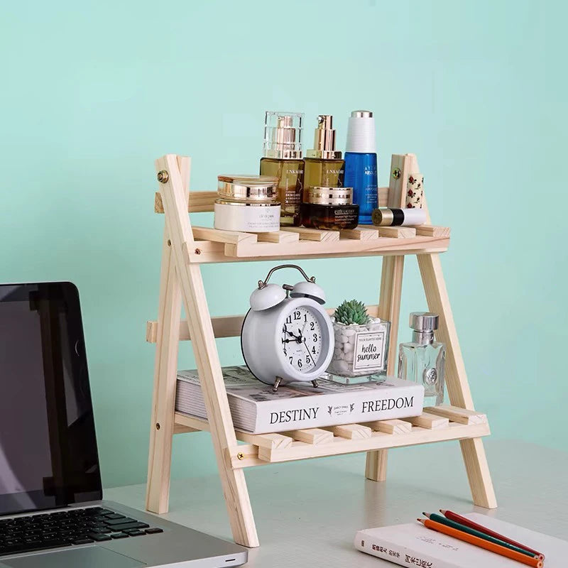 Wooden Double-Layer Desktop Storage Rack – Multifunctional Folding Corner Shelf for Bedroom, Kitchen, and Office Organization