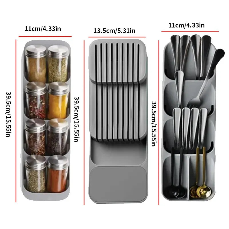 Multi-Functional Kitchen Drawer Cutlery Storage Tray – Knife, Fork, Spoon Organizer with Spice Bottle Holder