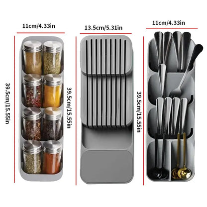 Multi-Functional Kitchen Drawer Cutlery Storage Tray – Knife, Fork, Spoon Organizer with Spice Bottle Holder