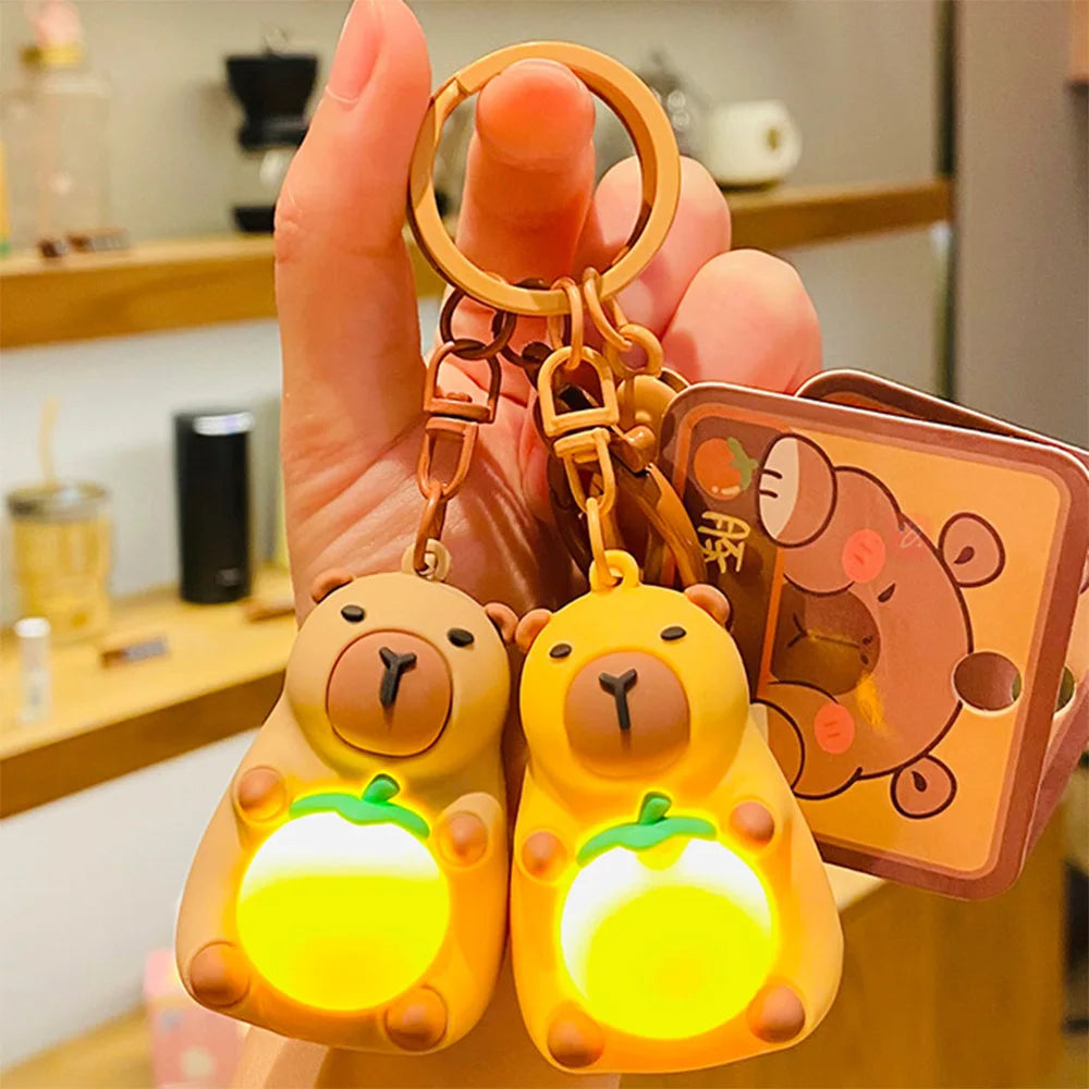 Luminous Capybara Keychain - Cute Mini Capybara Doll Keyring with LED Light & Gold Lobster Clasp