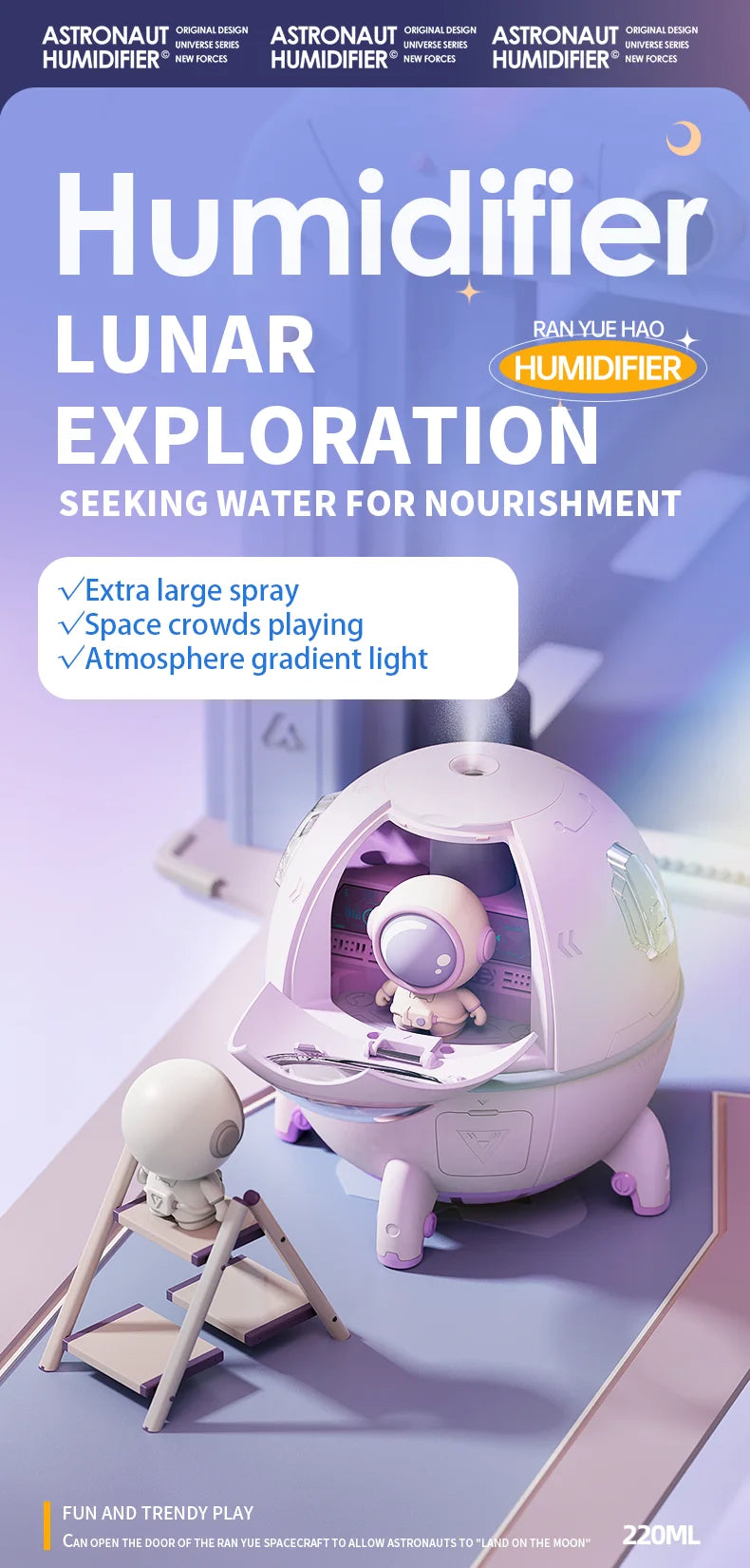 Portable Astronaut Humidifier with LED Light & Aroma Diffuser - USB-Powered for Clean, Hydrated Air | Cute Aesthetic Decor