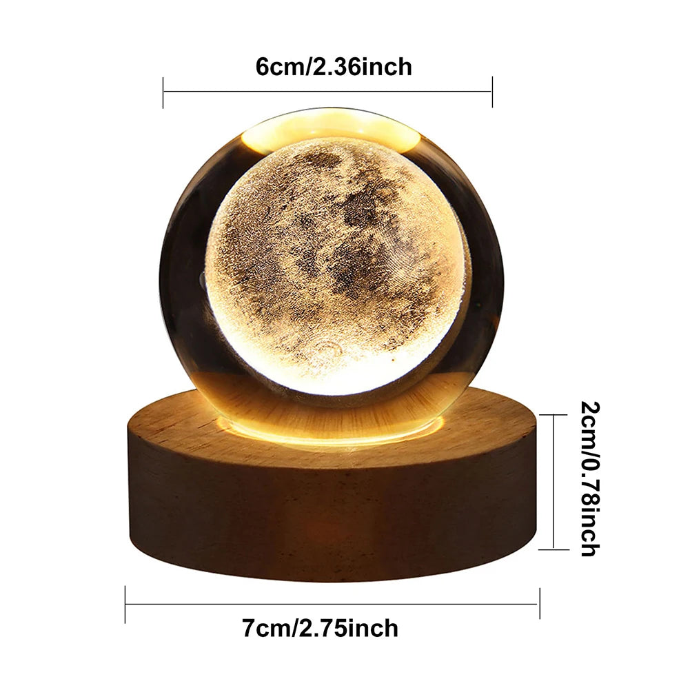 LED Crystal Ball Table Lamp - USB 3D Moon & Galaxy Night Light for Home Décor, Party, and Xmas Gifts