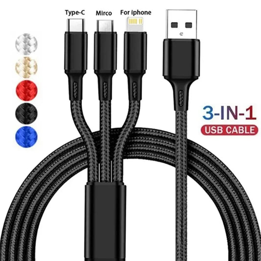 3 in 1 USB Charger Cable – Micro USB, Type C, Fast Charging Cord for iPhone 13/12/11 Pro Max, Samsung, Xiaomi