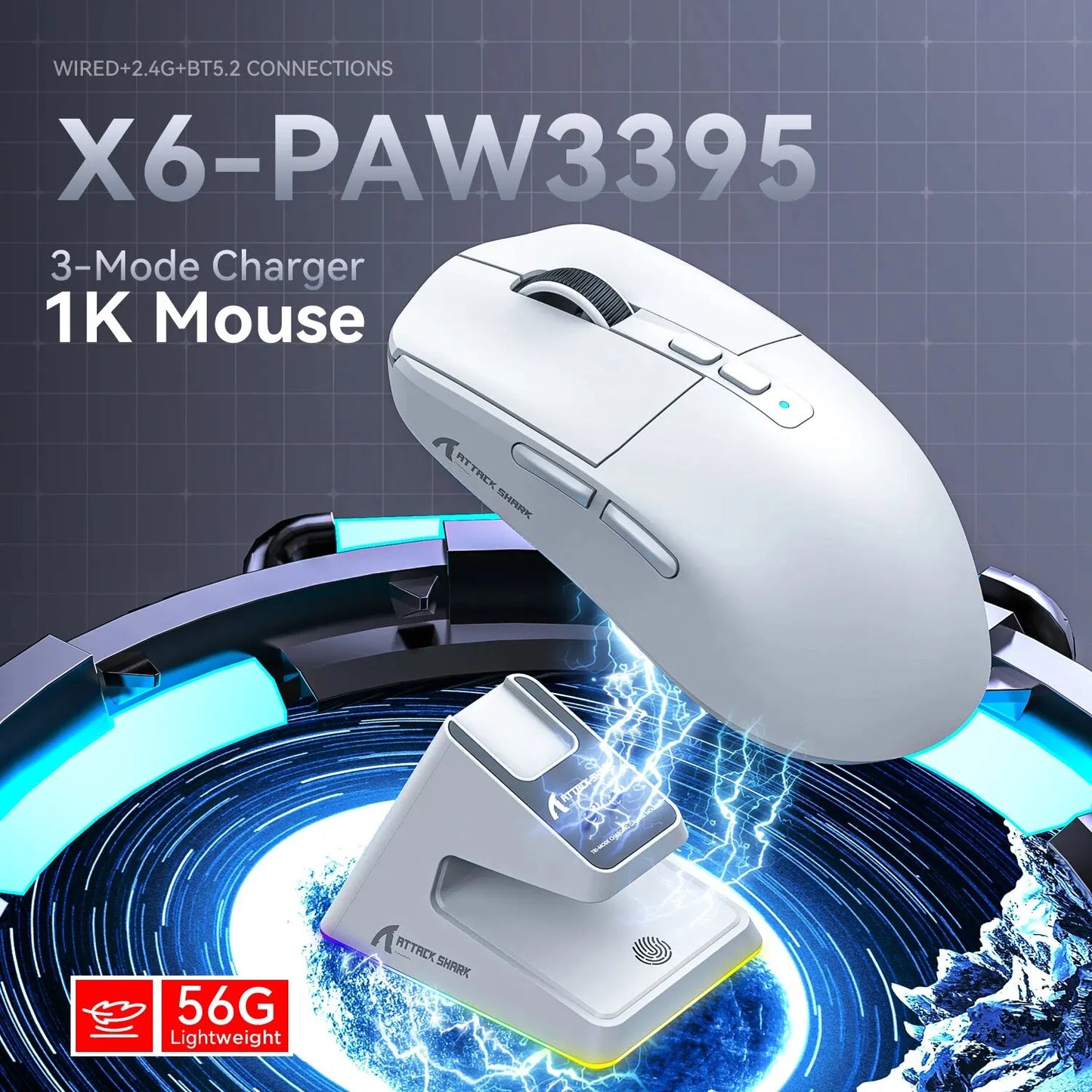 X6 Lightweight Wireless Gaming Mouse – 3 Mode Wired/2.4G/BT5.2, Up to 26K DPI, RGB Backlight, Rechargeable with Charging Base for Laptop & Desktop