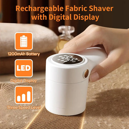 Rechargeable Fabric Lint Remover – 3-Speed Electric Shaver with Digital Display, 2 Replaceable Blades, and Suction System