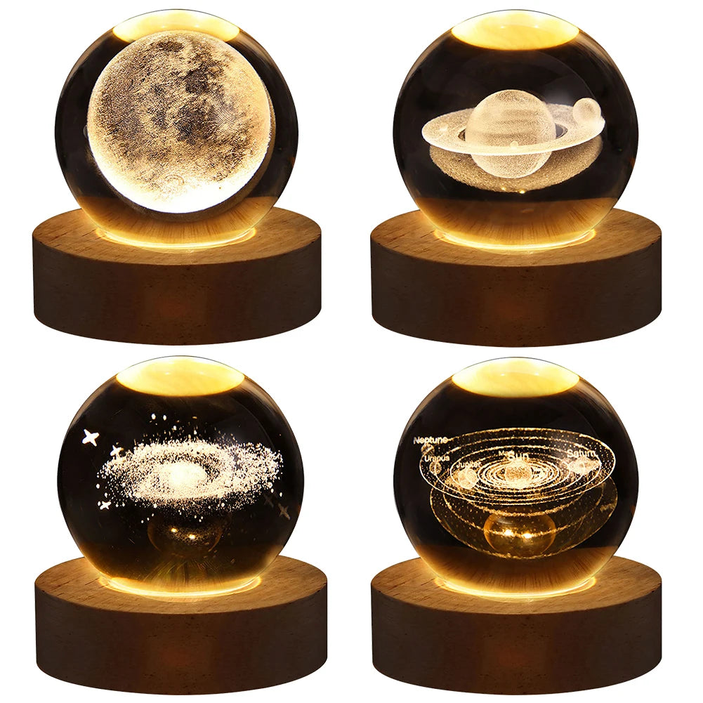 LED Crystal Ball Table Lamp - USB 3D Moon & Galaxy Night Light for Home Décor, Party, and Xmas Gifts