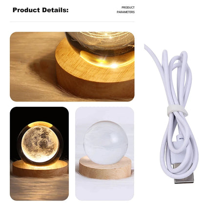 LED Crystal Ball Table Lamp - USB 3D Moon & Galaxy Night Light for Home Décor, Party, and Xmas Gifts