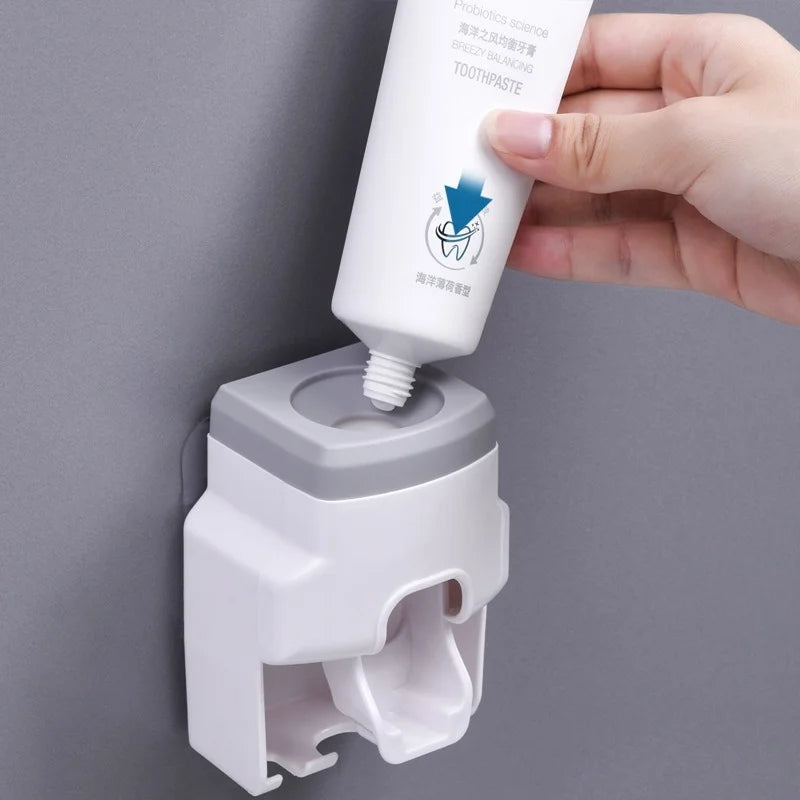 Automatic Toothpaste Dispenser Set Wall-Mounted Extruder Plastic No-Punch Lazy Man Toothbrush Holder Bathroom Accessories Gadget