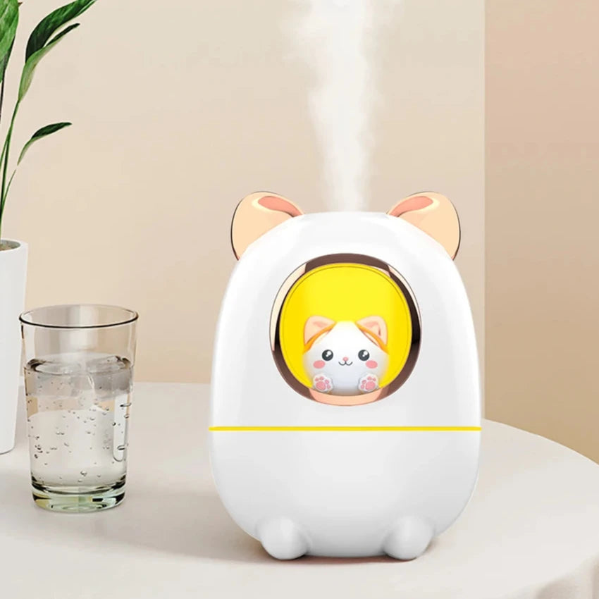 Cartoon Cat Air Humidifier – Silent USB Rechargeable Aroma Diffuser with Night Light for Home, Office & Car