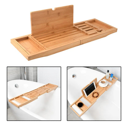 Adjustable Wooden Bathtub Caddy Tray – Over Tub Organizer for Relaxation with Wine Glass Holder and Book Stand