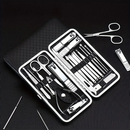 19-Piece Stainless Steel Personal Care Kit - Nail Clippers, Ear Tweezers, High-Carbon Steel Blade, Nail File, and More