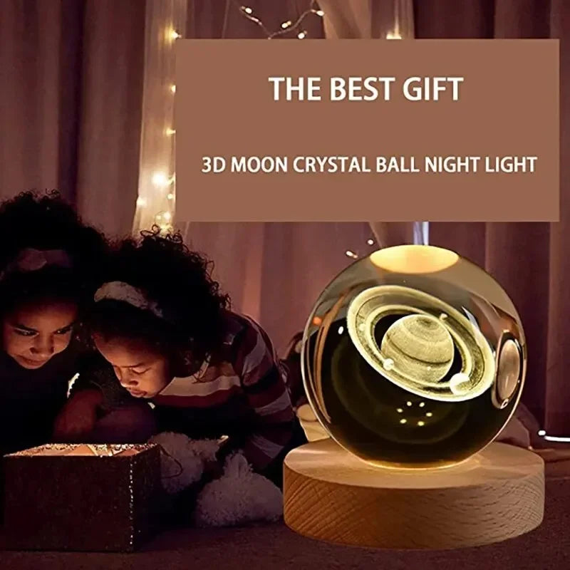 LED Crystal Ball Table Lamp - USB 3D Moon & Galaxy Night Light for Home Décor, Party, and Xmas Gifts