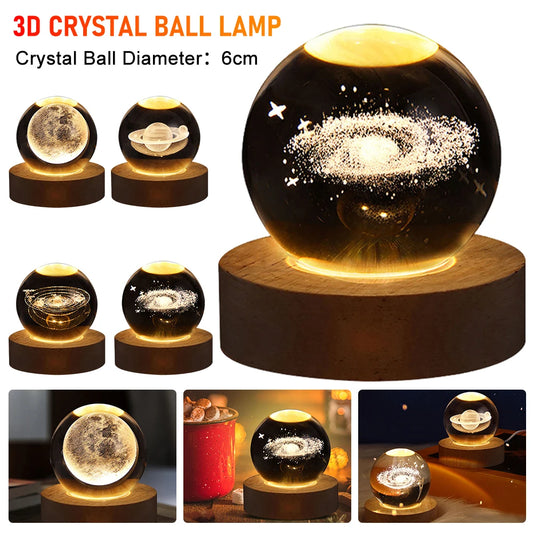 LED Crystal Ball Table Lamp - USB 3D Moon & Galaxy Night Light for Home Décor, Party, and Xmas Gifts