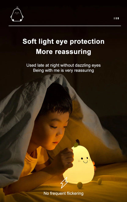 LED Pear Fruit Silicone Night Light - 7-Color Dimming Touch Control, USB Rechargeable Bedside Lamp for Bedroom Decor & Kids' Gifts