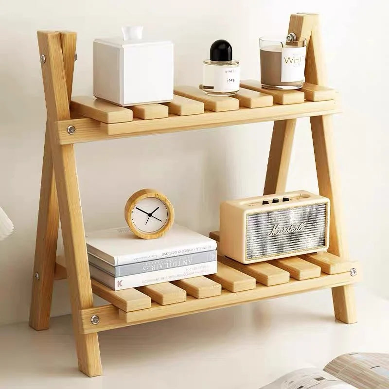 Wooden Double-Layer Desktop Storage Rack – Multifunctional Folding Corner Shelf for Bedroom, Kitchen, and Office Organization