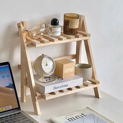 Wooden Double-Layer Desktop Storage Rack – Multifunctional Folding Corner Shelf for Bedroom, Kitchen, and Office Organization