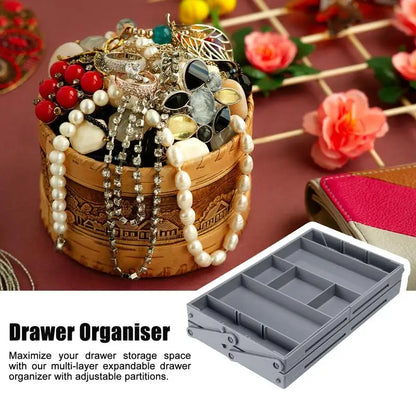 2/3-Tier Adjustable Drawer Organizer Tray – Expandable Jewelry, Makeup, and Desk Storage Box for Home Organization