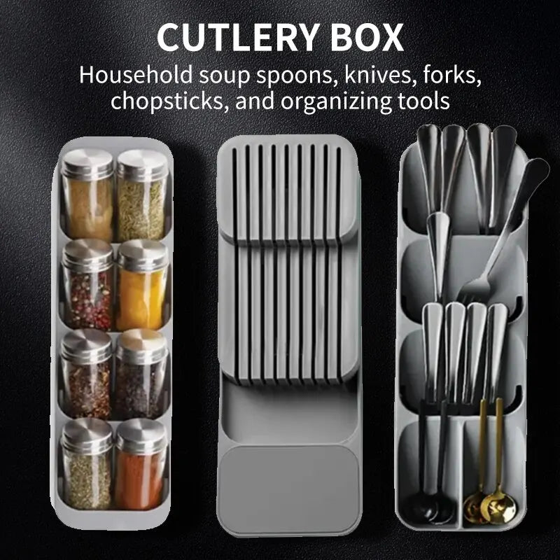 Multi-Functional Kitchen Drawer Cutlery Storage Tray – Knife, Fork, Spoon Organizer with Spice Bottle Holder