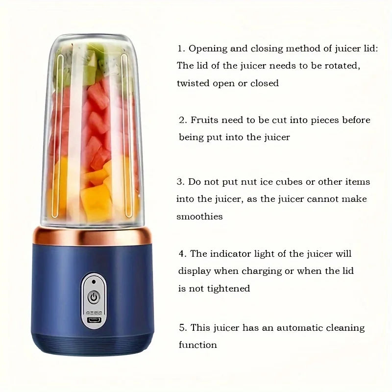 Portable Fruit Juice Blender - USB Rechargeable Mini Juicer Cup with 6 Blades for Smoothies and Juicing