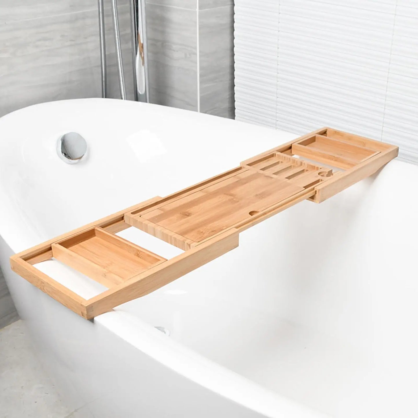 Adjustable Wooden Bathtub Caddy Tray – Over Tub Organizer for Relaxation with Wine Glass Holder and Book Stand