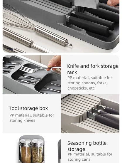 Multi-Functional Kitchen Drawer Cutlery Storage Tray – Knife, Fork, Spoon Organizer with Spice Bottle Holder